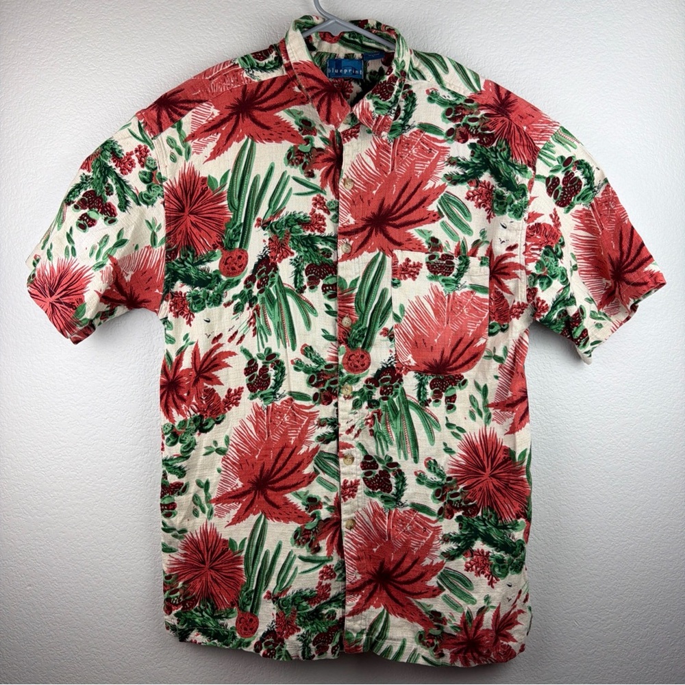 Blue Print Hawaiian Shirt Floral Button Up Pocket Tan Men’s Large